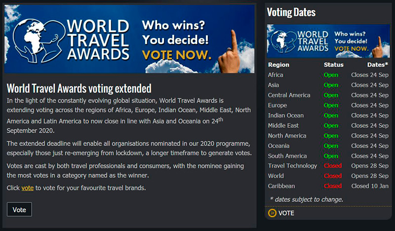 Голосование на официальном сайте World Travel Awards