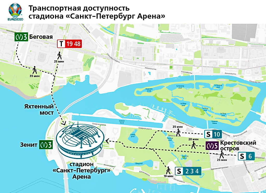 Места остановок автобусов шаттлов ЕВРО-2020 в Санкт-Петербурге