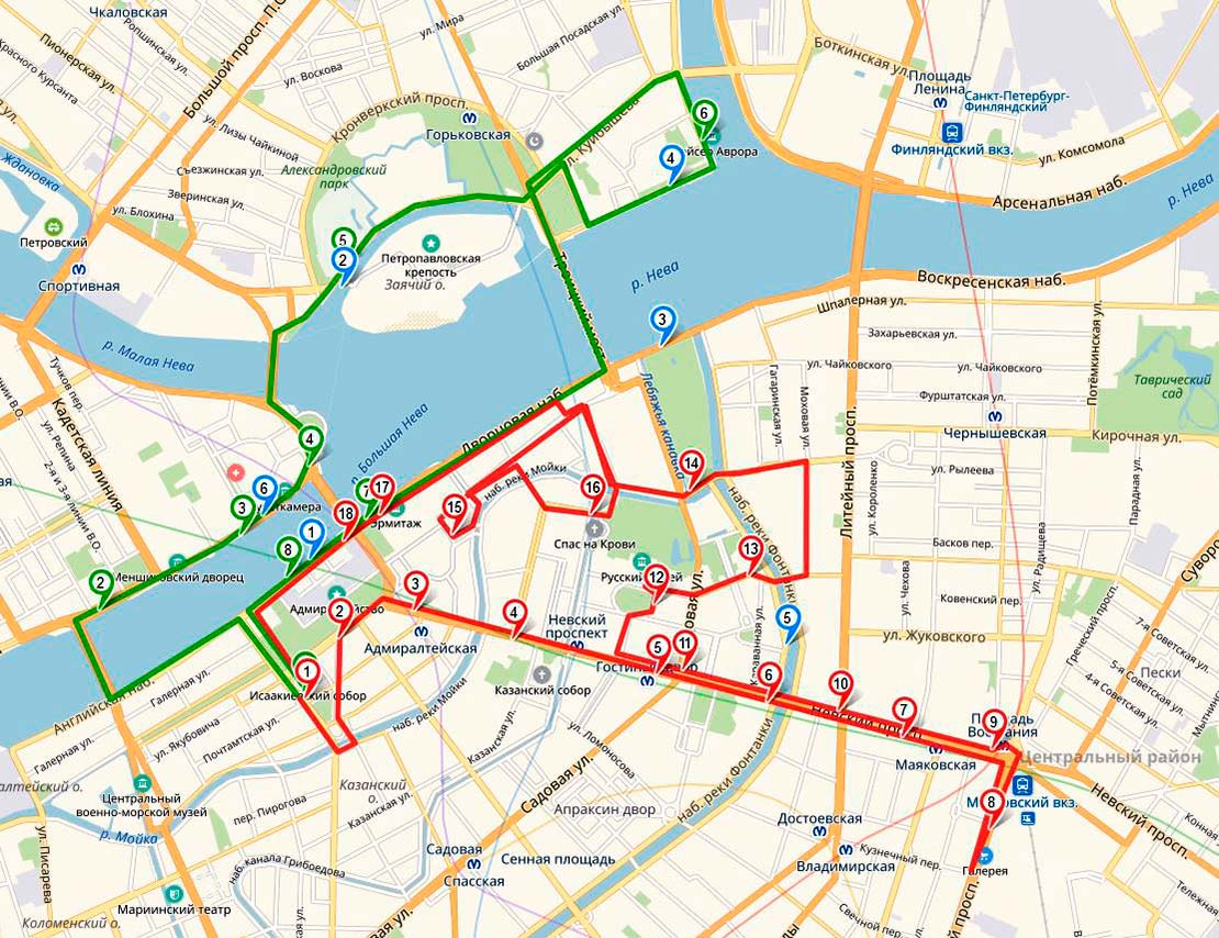 Карта маршрутов экскурсий на на автобусах City Sightseeing в Санкт-Петербурге