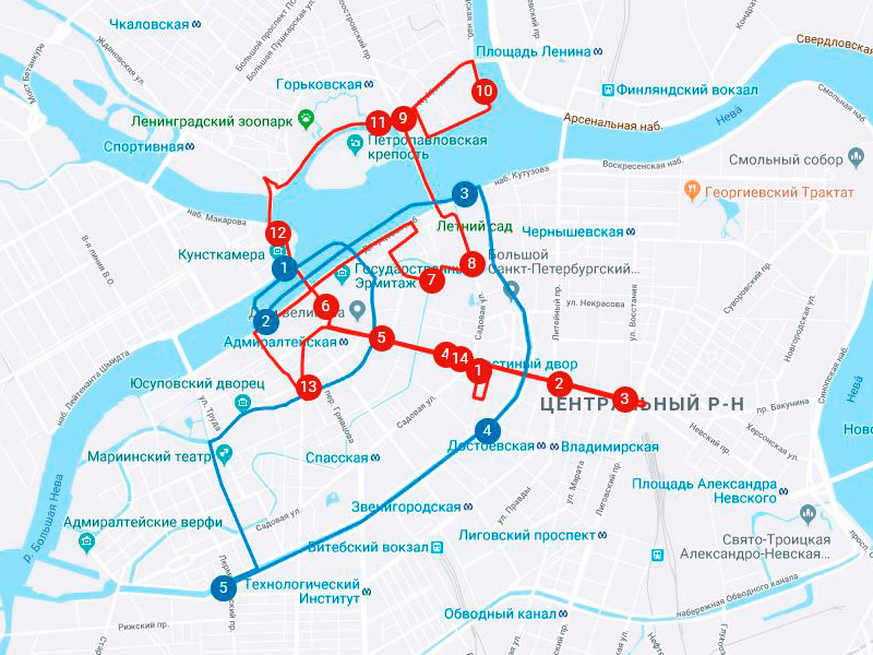 Карта маршрута экскурсии на на автобусах City Tour в Санкт-Петербурге